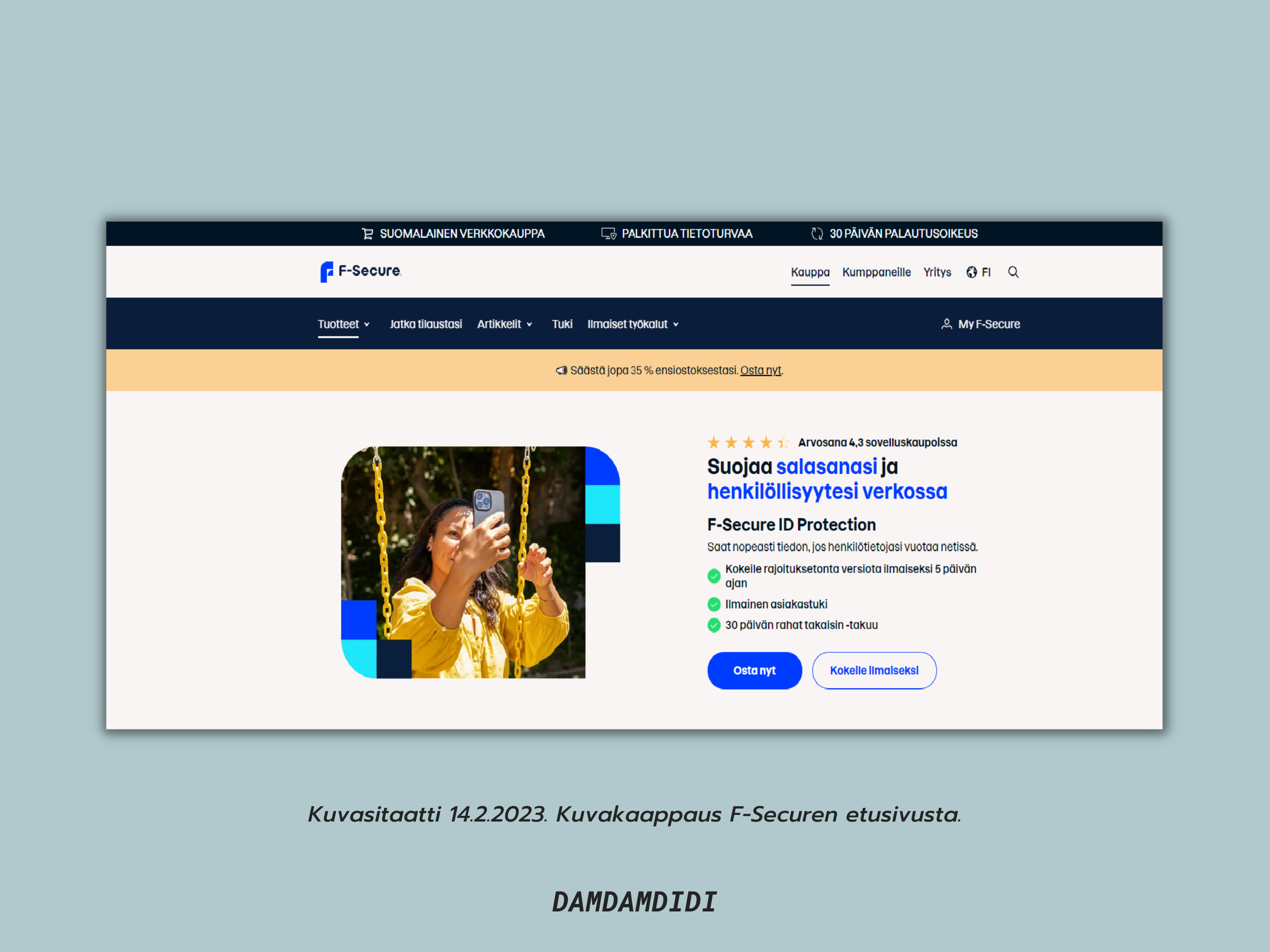 Kuvasitaatti 14.2.2023. Kuvakaappaus F-securen verkkosivujen etusivusta.