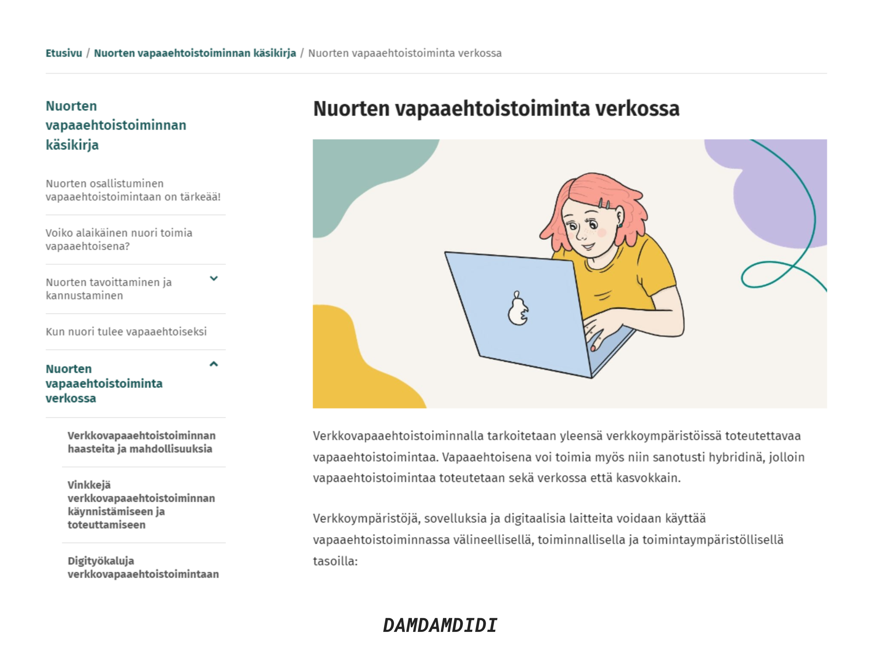 Kuvakaappaus Nuorten vapaaehtoistoiminnan oppaasta, Kansalaisareena ry:n verkkosivuilta.
