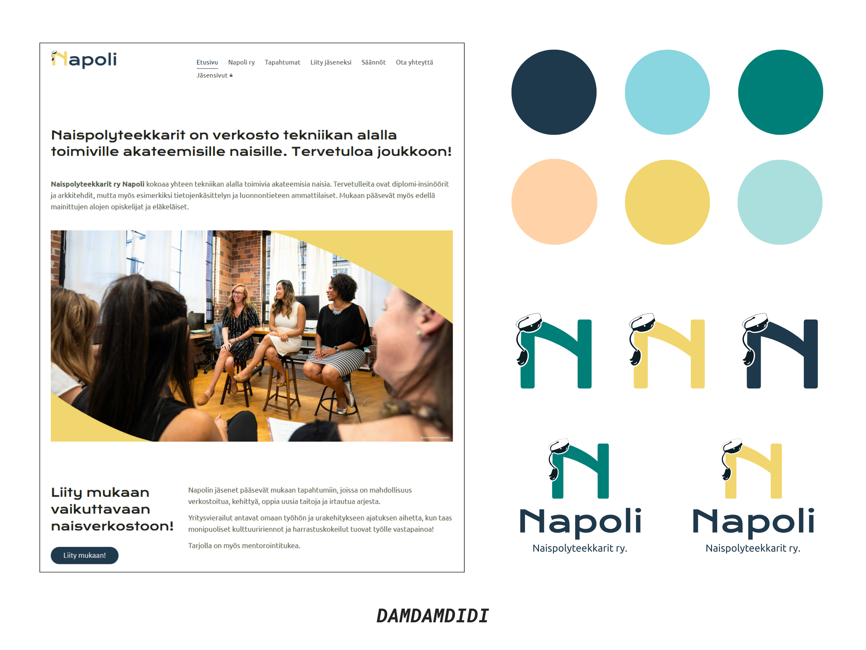 Kuvakaappaus Napoli ry:n verkkosivujen etusivulta, värimaailmaa kuvattuna väripalloina sekä esimerkkejä muutamista yhdistykselle tehdyistä logoversioista.