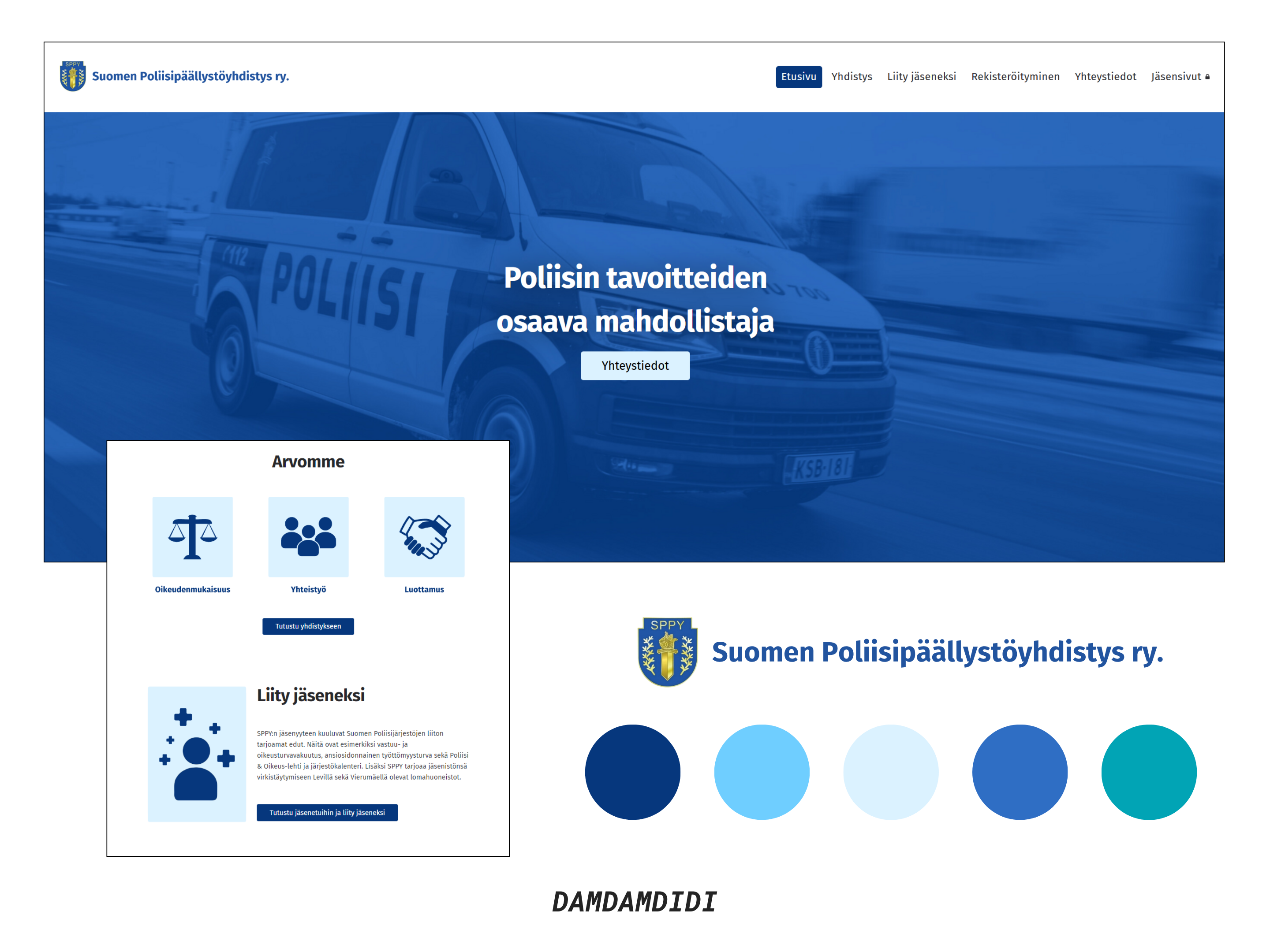 Kuvakaappauksia Suomen Poliisipäällystöyhdistyksen verkkosivuista, yhdistyksen logo sekä värimaailmaa kuvattuna väripalloina.