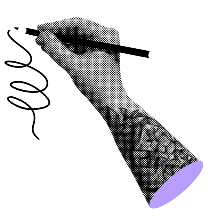 damdamdidi kuvitukset piirtävä käsi lila v2 Tatuoitu käsi, joka piirtää lyijykynällä viivaa.