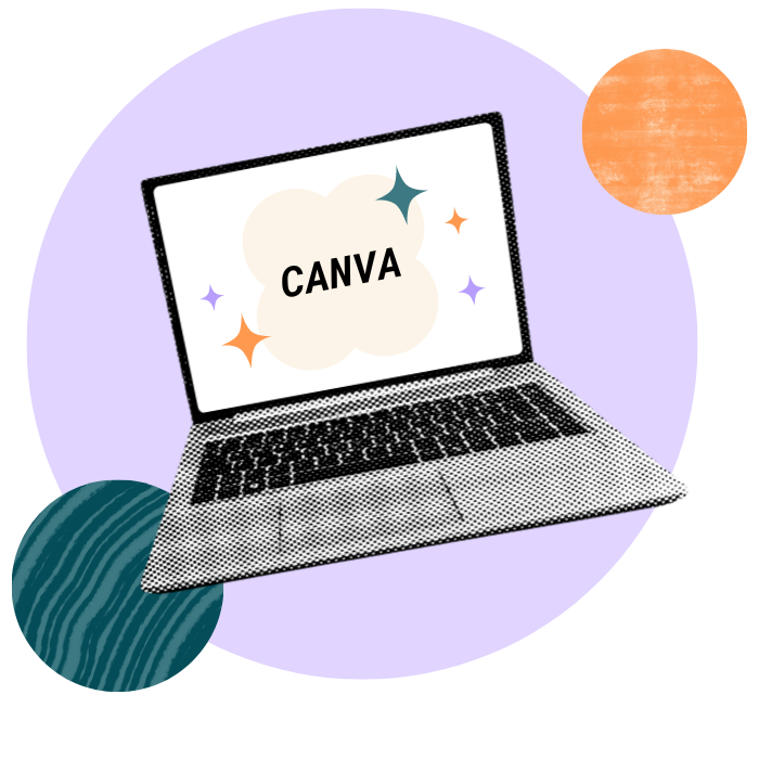 damdamdidi canva-koulutukset 2024 Kannettava tietokone, jonka näytössä on säihkeitä ja keskellä teksti Canva.